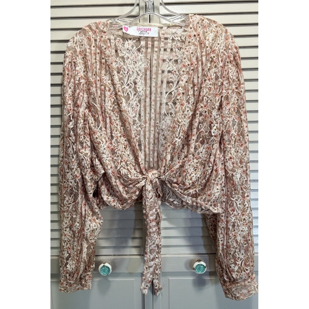 Southern Fried Chics Lace Blouse Tie Front Size 2XL Long Balloon Sleeves Boho